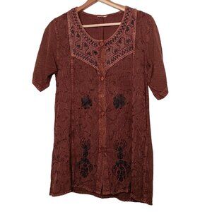 Womens Large Shirt Hippie Crochet Embroidered Indian Button Short Sleeve Boho